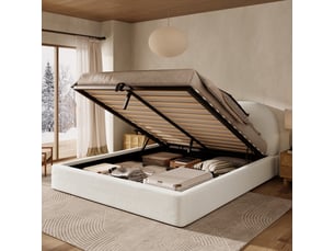 Lit coffre 180x200 cm - lit double avec sommier à lattes et tête de lit capitonnée, rangement hydraulique inclus, sans matelas, bouclé beige