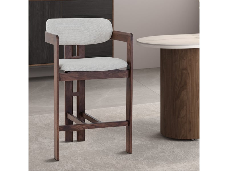  Tabouret en tissu beige pieds en chêne massif foncé  - Conforama C