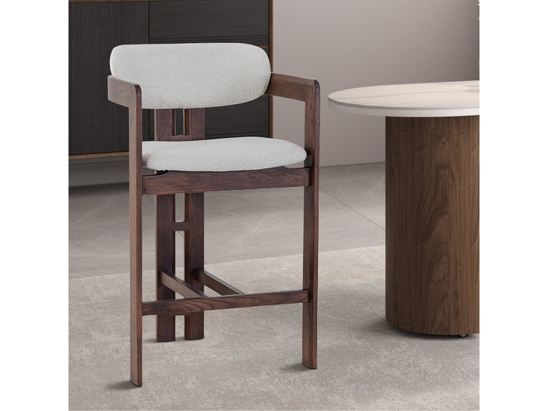  Tabouret en tissu beige pieds en chêne massif foncé  - Conforama C