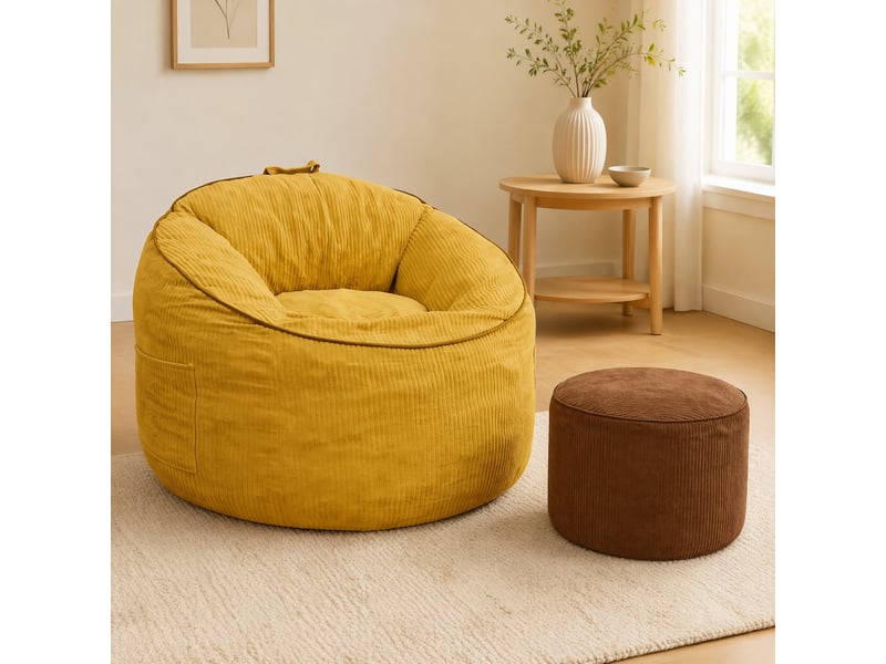 Fauteuil poire ergonomique en tissu jaune avec poche de rangement et repose-pieds assorti pour détente à la maison - Conforama B