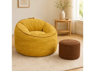 Fauteuil poire ergonomique en tissu jaune avec poche de rangement et repose-pieds assorti pour détente à la maison