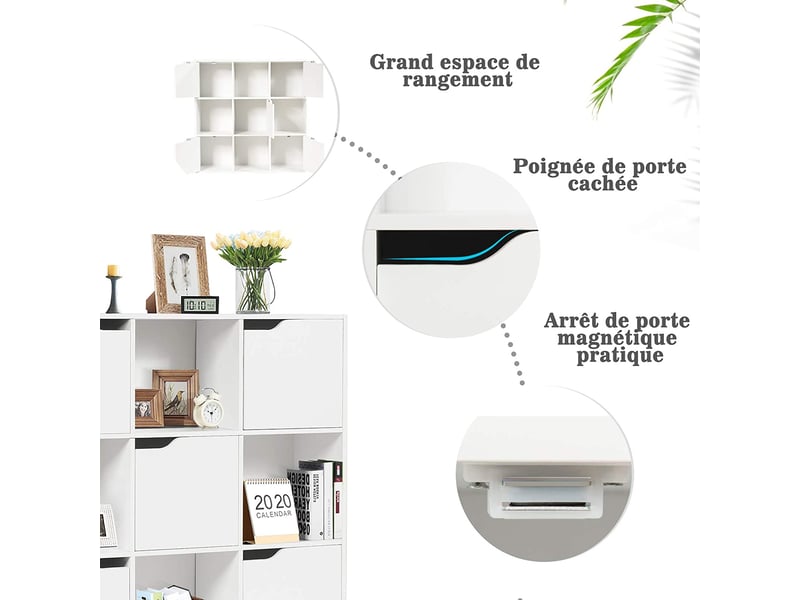 Costway meuble de rangement 9 cases, etagère de rangement, bibliothèque à 3 niveaux avec 5 portes, montage facile, idéal pour bureau, salon, chambre d’etude, 90 x 29 x 90 cm (blanc)  - Conforama C