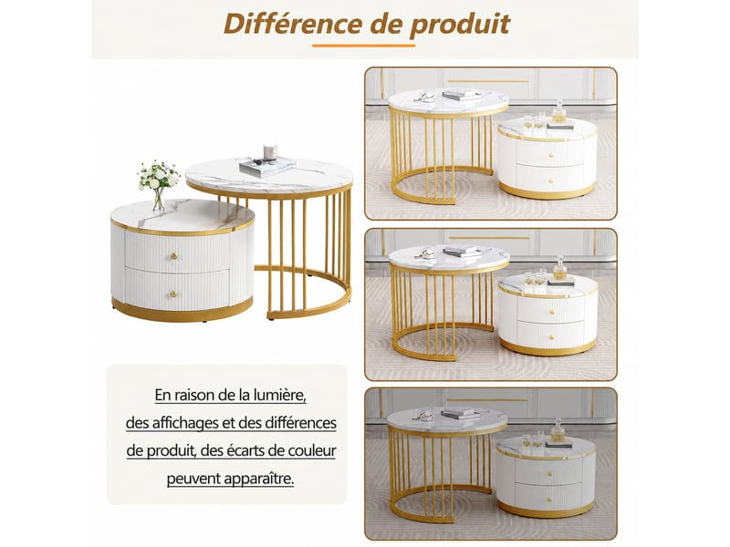  Ensemble de deux tables basses gigognes rondes, effet marbre brillant, 2 tiroirs, blanc  - Conforama E