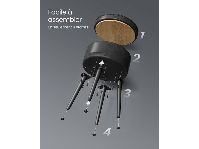  Pouf de rangement tabouret de coiffeuse pu avec coutures moderne mi-siècle tabouret de rangement rond avec pieds en acier capacité 150 kg noir 12_0005359  - Conforama E