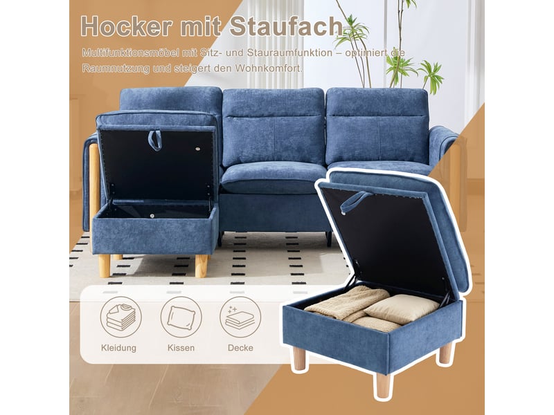  Canapé 3 places style nordique en l avec pouf à rangement, pochettes latérales, pieds en bois, chenille bleu  - Conforama D