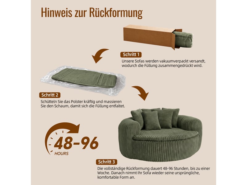  Fauteuil lounge 1 places en velours côtelé vert, assise profonde 89×90 cm, 5 coussins, sans montage, design arrondi  - Conforama W