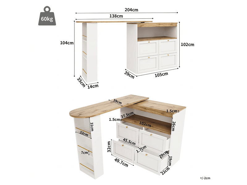  Table haute cuisine pivotante 360° blanche avec 4 tiroirs étagères mange-debout modulable cuisine salon  - Conforama C