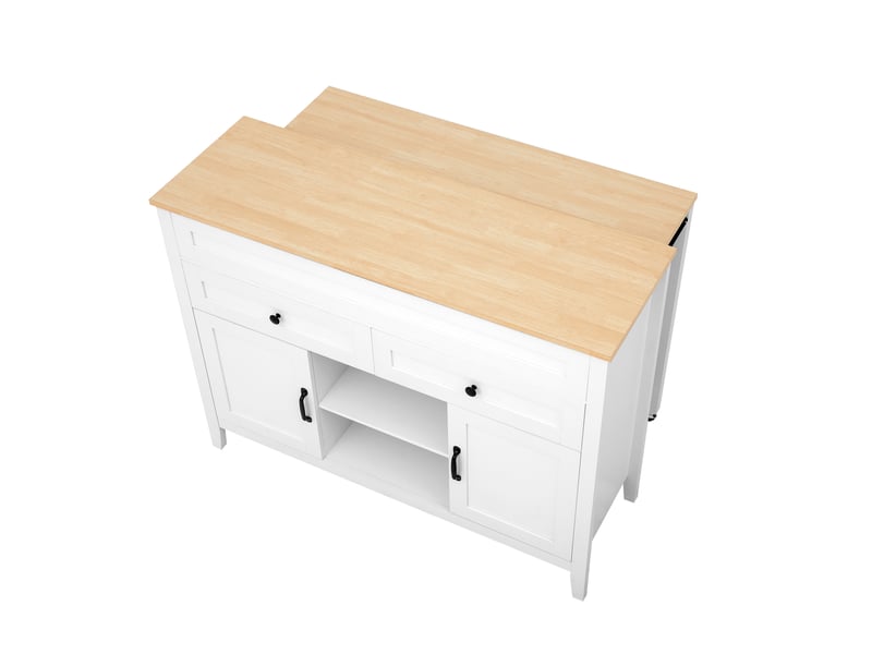  Îlot de cuisine 120 x 40-76 x 92 cm avec table coulissante, 2 tiroirs, 2 portes et rangements, blanc, en mdf robuste  - Conforama E
