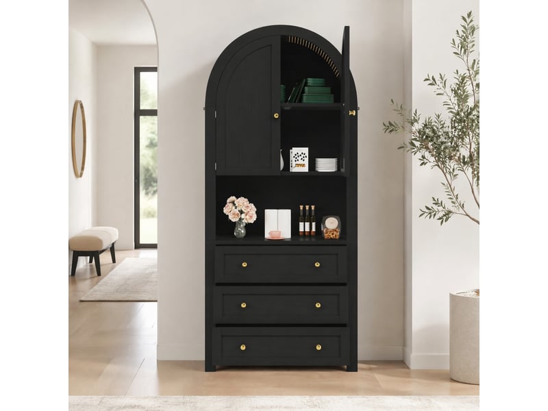  Armoire de rangement haute 70x35x180 cm, espace ouvert, 3 tiroirs et portes, poignées métal, pour chambre, mdf noir  - Conforama B