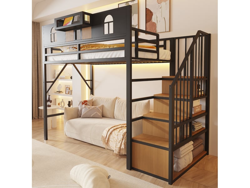 Lit mezzanine 90 x 200 cm en métal noir avec échelle de rangement et éclairage - Conforama B