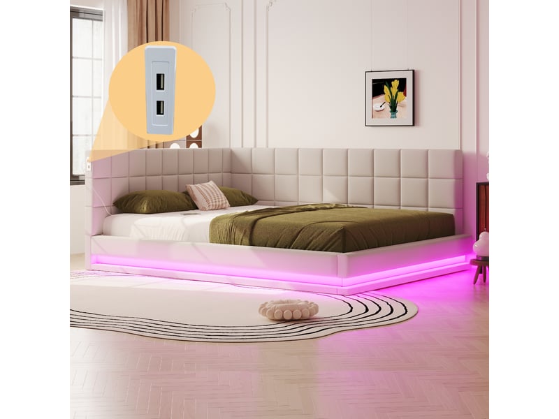  Lit banquette enfant 160 x 200 cm avec led, usb et sommier à lattes, lin, beige Fay Lum - Conforama D