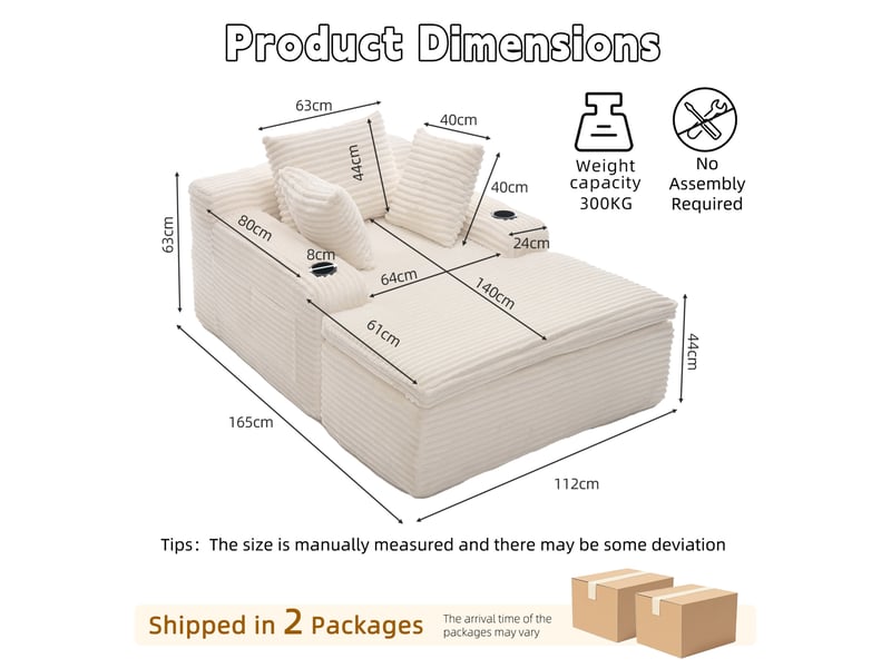  Sleeping sofa boneless floor sofa modern cloud sofa with chaise lounge, comfortable couch for living room with 3 cushions &amp; 1 blanket, no assembly required, beige  - Conforama C