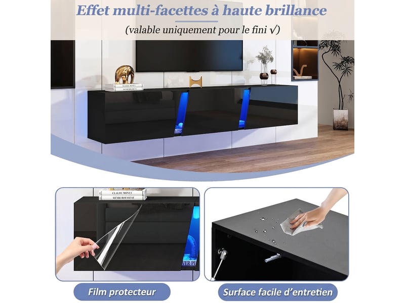  Meuble tv suspendu 180 cm noir brillant avec éclairage led app, 3 portes abattantes, supporte écran 75 pouces, 180x35x30 cm  - Conforama D
