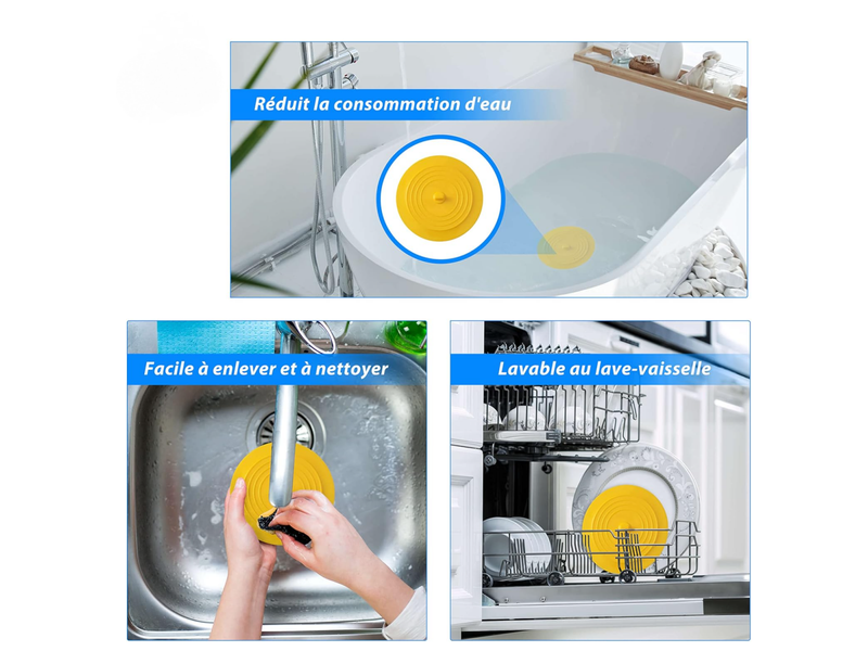  Bouchon de baignoire en silicone, bouchon d'évier, diamètre 15,3 cm, bouchon de vidange universel (1 pièce, jaune)  - Conforama C
