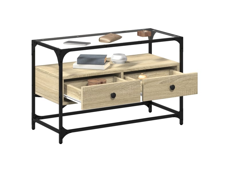  Meuble tv - banc tv - meuble de rangement avec dessus en verre chêne sonoma bois d'ingénierie  - Conforama C