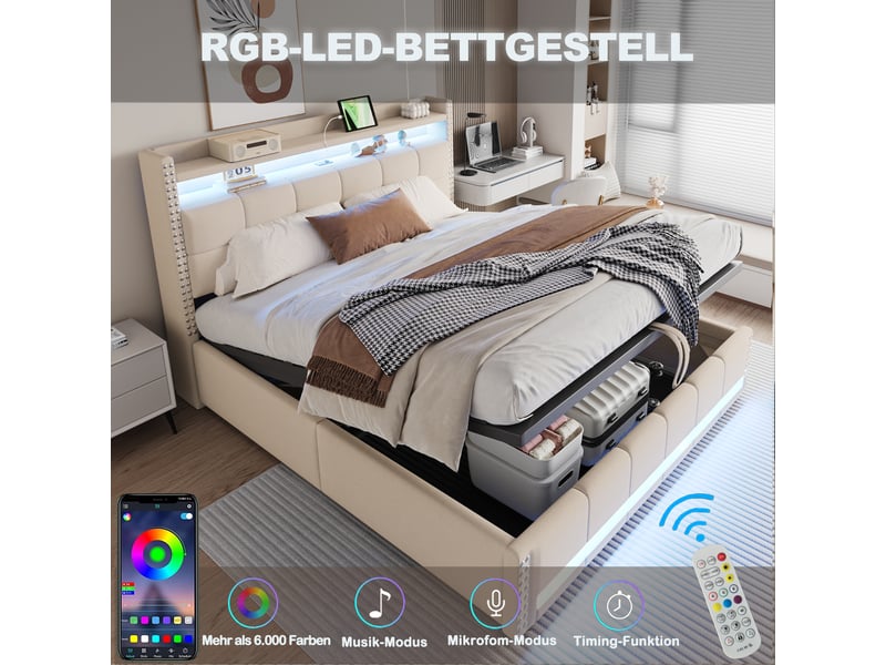 Lit 2 personnes 180x200 cm en lin, tête de lit avec étagères et espace de rangement, beige, lit double avec éclairage led et usb - Conforama R