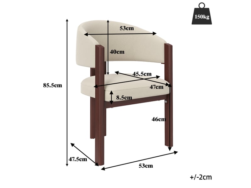  Lot de 2 chaises de salle à manger beige, dossier ergonomique rembourré, pieds métal effet noyer, patins réglables, charge 150 kg  - Conforama E