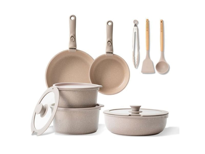  Batterie de cuisine 14 pieces aluminium fonte revetement antiadhesif effet pierre brun avec poignées amovibles et couvercles silicone 370018_AAAPX11826_6_DROPFR - Conforama A