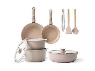 Batterie de cuisine 14 pieces aluminium fonte revetement antiadhesif effet pierre brun avec poignées amovibles et couvercles silicone