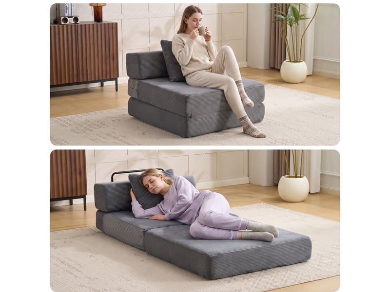  Canapé lit pour sol - canapé convertissable en lit avec soutien des dossiers en oreiller et accoudoirs, tissu en velours côtelé, gris foncé, pour salon et chambre  - Conforama D