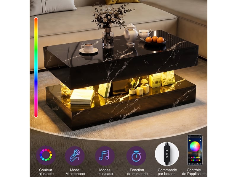  Table basse marbre noir –table basse rectangulaire  - éclairage led  – rangement double – 100×50×45 cm  - Conforama E