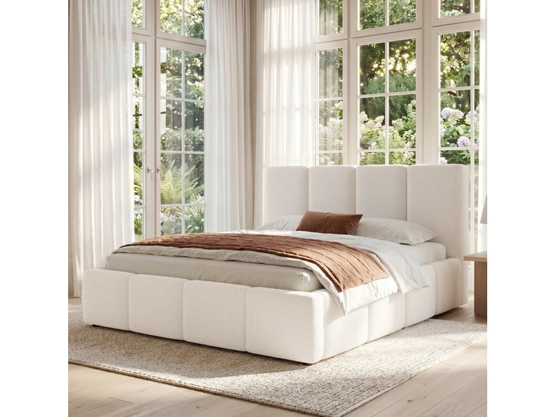 Lit double 180 x 200 cm avec sommier à lattes et tête de lit bouclée beige  - Conforama B