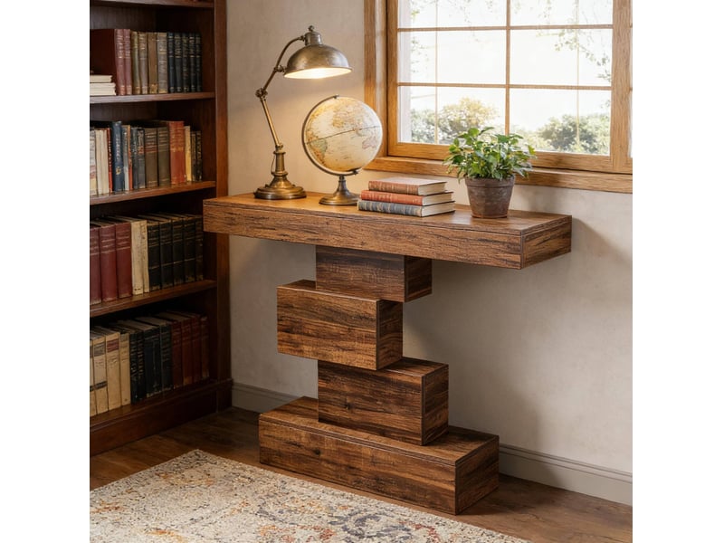  Console géométrique moderne avec base à étages pour entrée salon et chambre en bois brun foncé 108 × 30 × 80 cm  - Conforama D