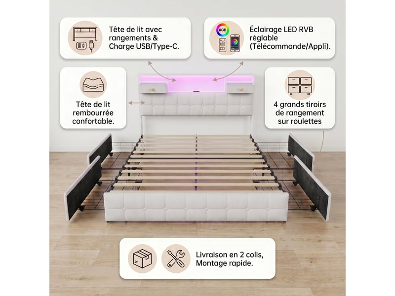  Lit 160x200 avec 4 tiroirs, lit adulte avec led rgb et ports de charge, lit double, tête de lit avec rangement intégré, tissu velours, moderne, beige  - Conforama C