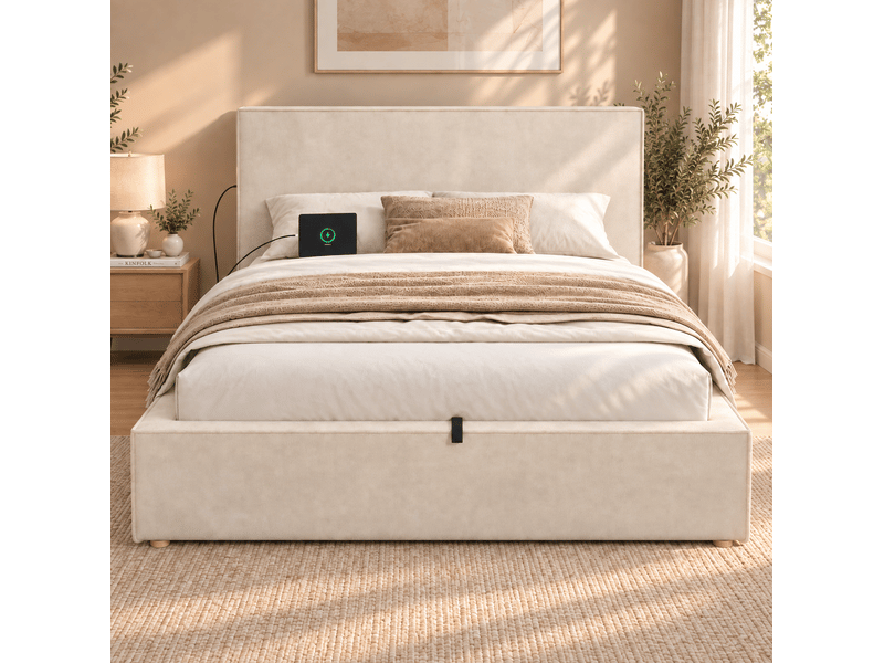  Lit coffre 120x200 cm avec sommier à lattes, revêtement chenille beige  - Conforama D