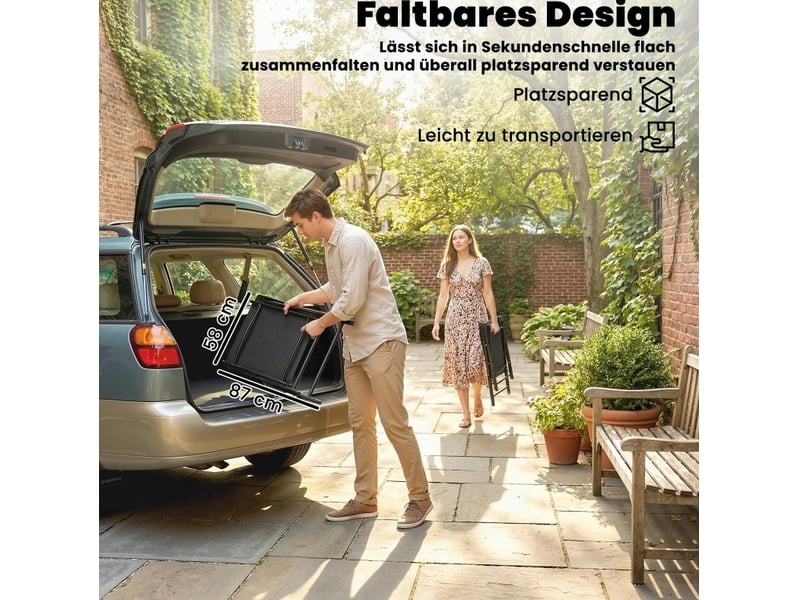  Lot de 2 chaises de jardin pliantes en métal noir avec dossier haut et accoudoirs, en tissu texteline  - Conforama D