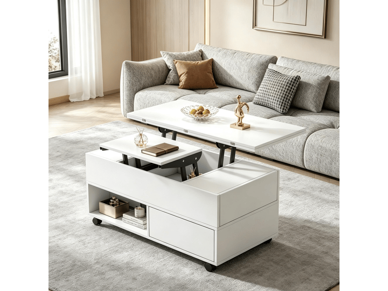  Table basse relevable avec 4 tiroirs et roulettes freinées, en panneau de particules blanc mat 100 × 50 × 52 cm  - Conforama D