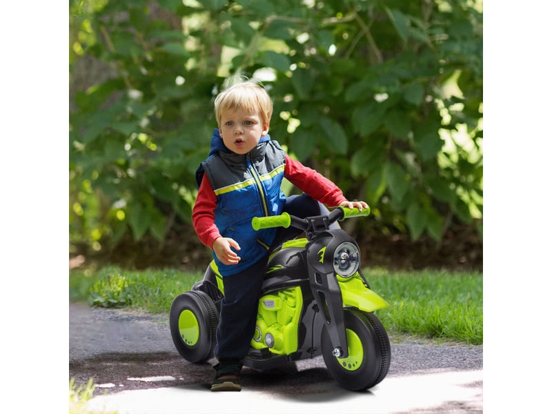  Moto électrique enfants 2-5 ans, 3 roues, 6 v, 3 kmh, avec fonction de bulles, effets lumineux et sonores, vert  - Conforama C