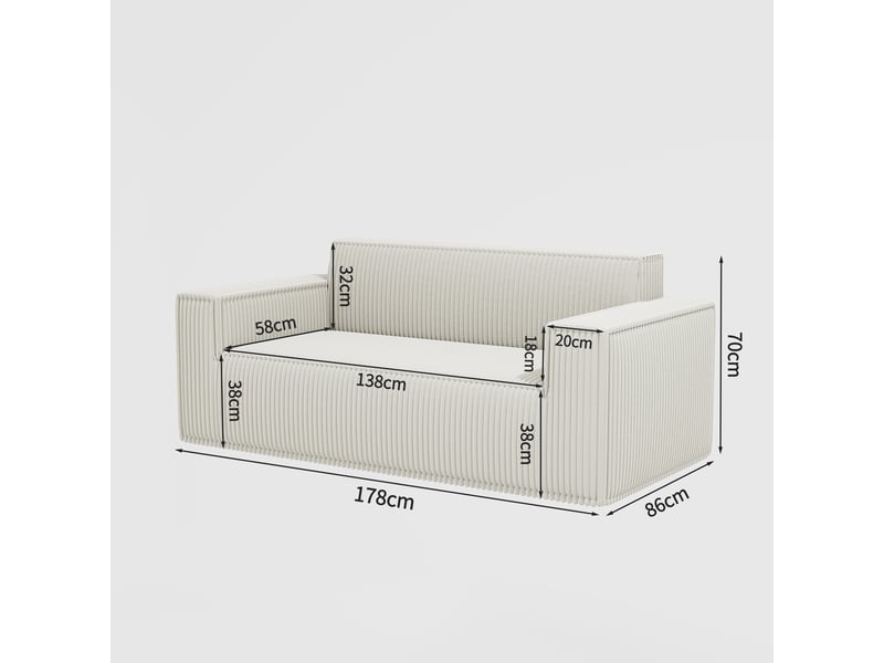  Canapé 2 places en velours côtelé blanc, assise profonde, sans pieds, sans montage, transport facile  - Conforama C