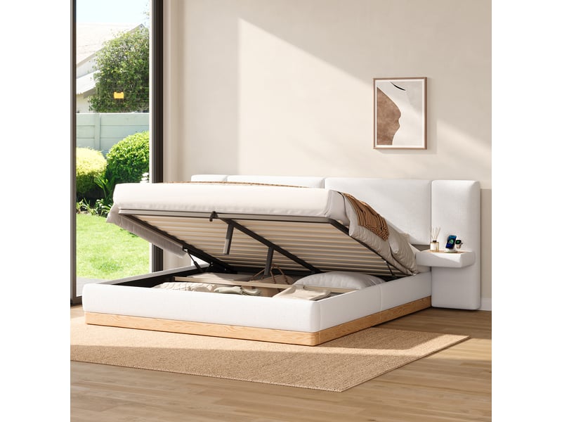 Lit coffre 140x200 cm avec rangement hydraulique, tête de lit rembourrée avec étagères et usb, sommier relevable, tissu teddy et pu, blancnaturel - Conforama C