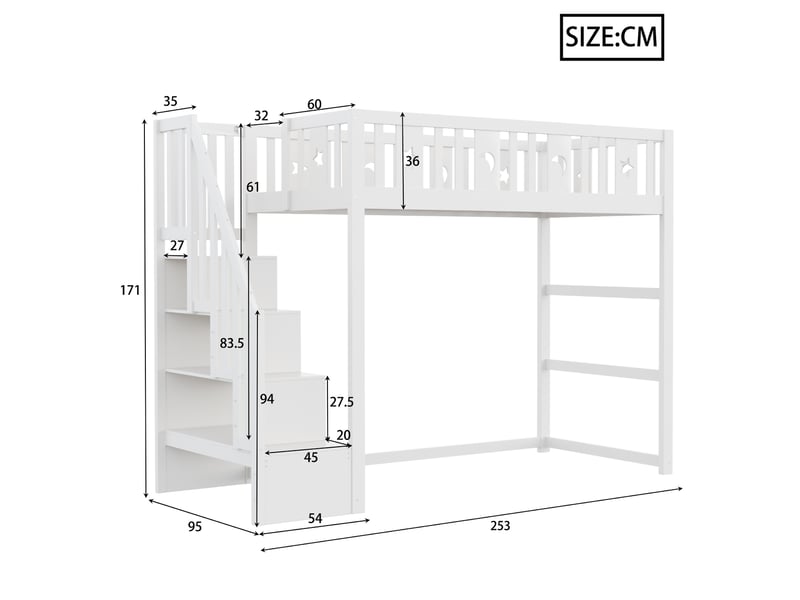  Lit mezzanine enfant 90x200 cm – blanc – escalier, étagères et espace de jeu intégré - sans matelas  - Conforama C