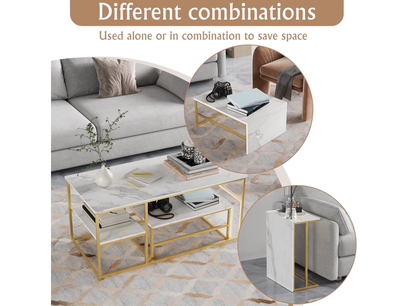  Tables basses - 105x52x48.5cm - gigognes rectangulaires effet marbre, set de tables avec piètement métal - doré  - Conforama D