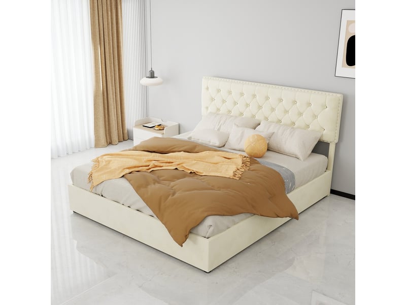  Lit coffre haut avec tête de lit rembourrée beige 160x200cm inclut matelas 160x200cm design moderne minimaliste  - Conforama D