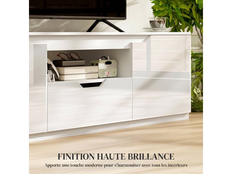  Meuble tv 160 cm, blanc, meuble télé pour téléviseur jusqu'à 65 pouces avec 2 portes et tiroir  - Conforama E