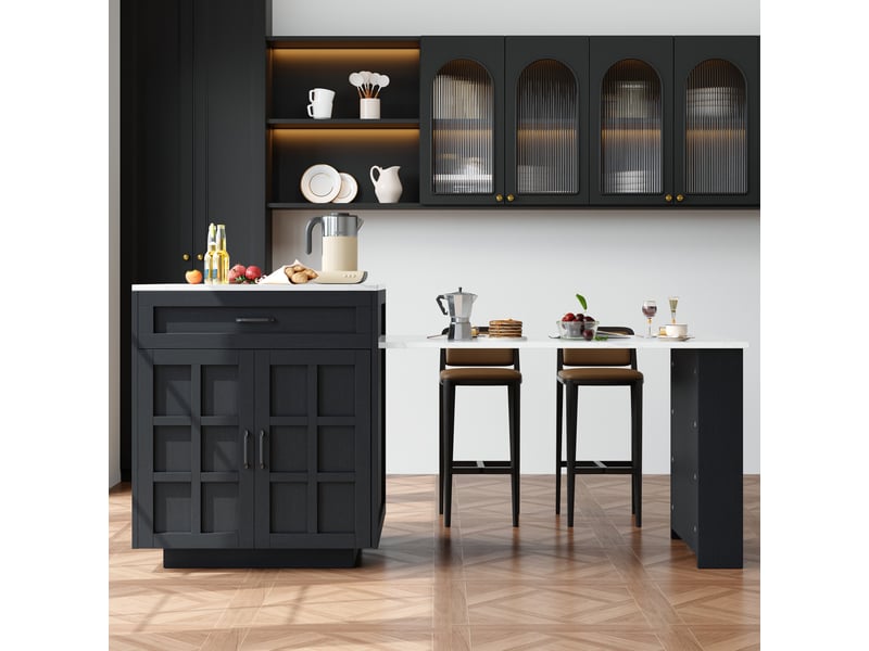 Table de bar extensible et îlot de cuisine avec rangement, plateau effet marbre, couleur noire élégante, 133-202x70x93.5cm - Conforama D