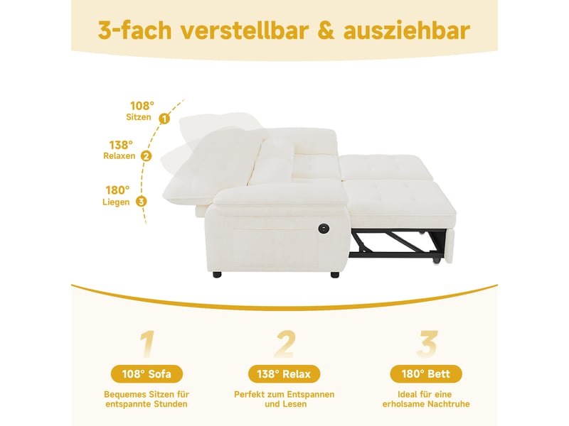  Canapé convertible, canapé-lit, beige, port usb, en tissu chenille, dossier réglable  - Conforama E