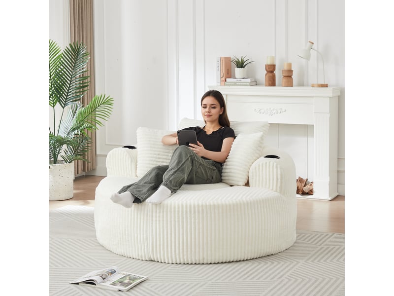  Fauteuil lounge rond 1 place - 3 coussins, 2 porte-gobelets et poches latérales - velours côtelé - beige CozyNest - Conforama E