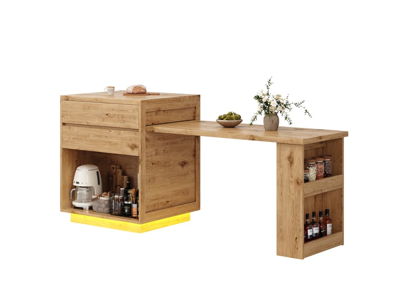  Îlot de cuisine extensible 122–194,5 cm naturel, led, 4 tiroirs, rangement latéral  - Conforama D