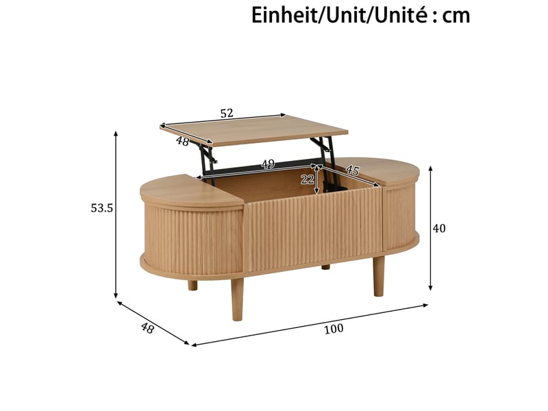  Table basse 100x48x53,5 cm, plateau escamotable, espace de rangement, style vintage, pour salon, en bois et mdf, chêne  - Conforama C