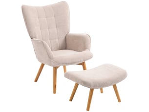 Fauteuil relax avec pouf et repose-pieds en velours côtelé, dossier haut et accoudoirs, beige