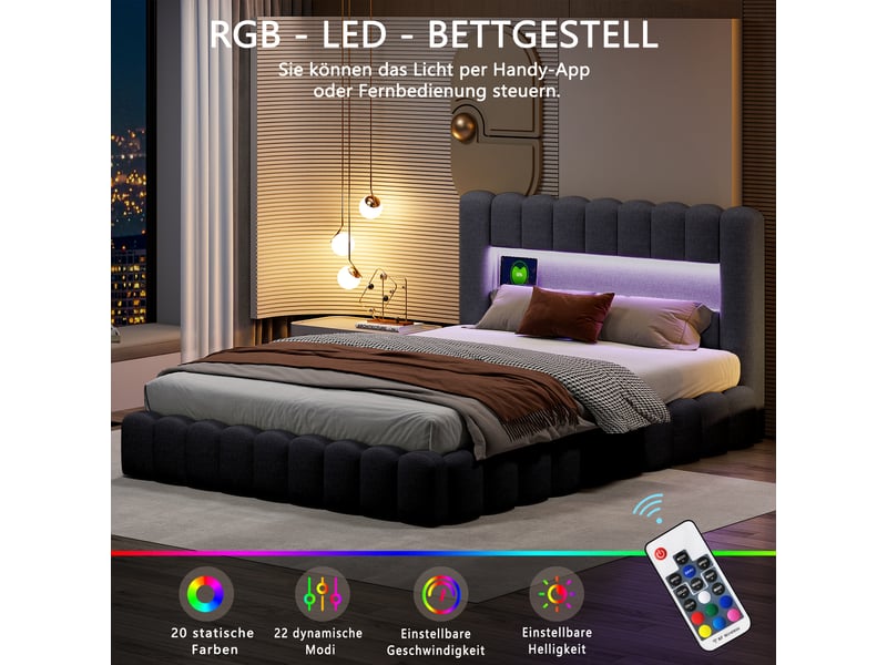  Lit coffre capitonné 160x200 cm, lit 2 places avec sommier, led et usb, rangement et tête de lit, lit adulte en lin, gris  - Conforama D