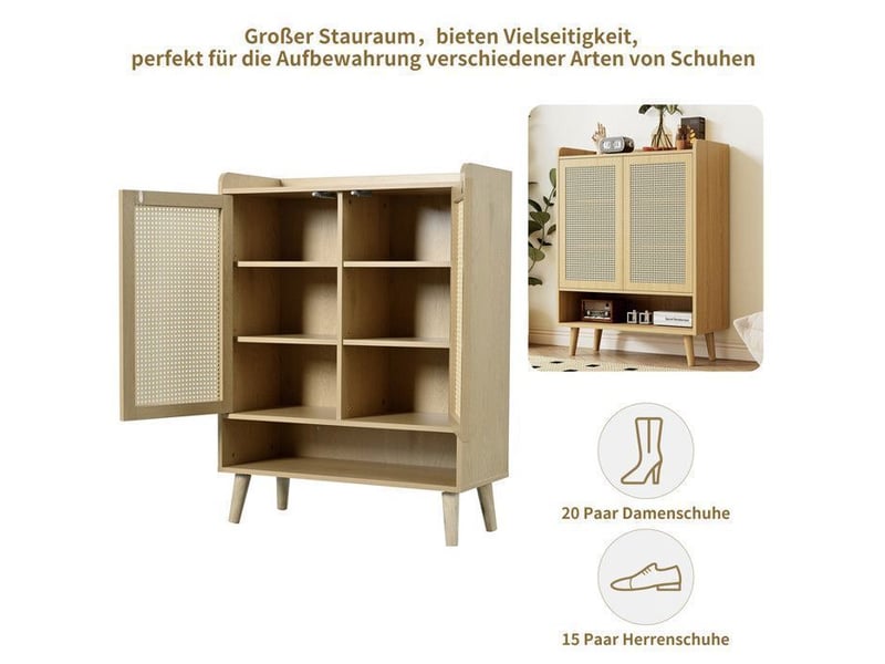  Meuble à chaussures rotin 80 cm - 5 étagères, ouverture sans poignée &amp; coins arrondis - pieds 15 cm compatible robot - style naturel 80x35x105cm - Conforama D