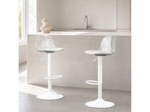 Lot de 2 tabourets de bar réglables, pivotement à 360°, dossier transparent, pieds métal blanc, hauteur 82–104 cm