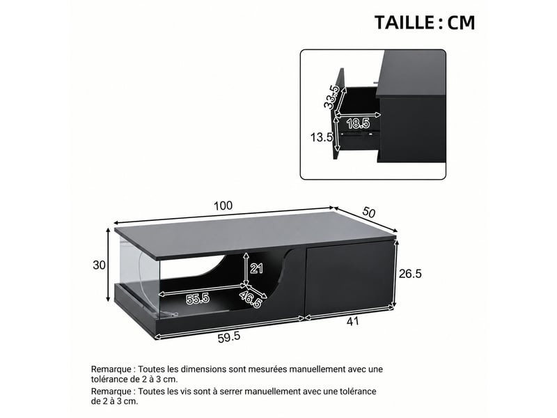  Table basse led noire avec 2 tiroirs, mdf et verre trempé, 100 x 50 x 30 cm, noir  - Conforama E