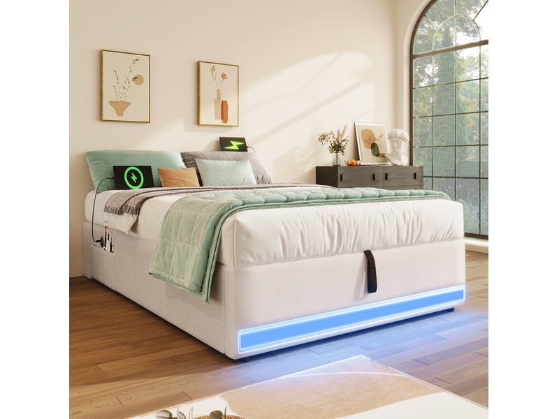  Modenvie lit coffre 90x200 cm - avec led multicolore, usb-c et rangement hydraulique, sans matelas - beige  - Conforama E