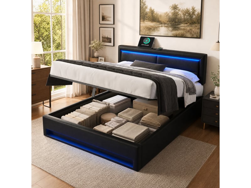  Lit coffre 160x200 cm noir en pu, led et charge usb  - Conforama E